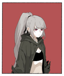 Rule 34 | 1girl, black bra, border, bra, breasts, bright pupils, cleavage, closed mouth, coat, earrings, gogalking, green coat, grey hair, highres, hood, hooded coat, jewelry, long hair, long sleeves, open clothes, open coat, original, red background, red eyes, shadow fang (gogalking), simple background, solo, underwear, upper body, white border, white pupils