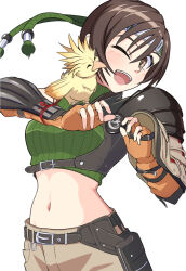 Rule 34 | 1girl, :d, animal, armor, belt, belt buckle, belt pouch, bird, bird on hand, black belt, blush, bracer, breasts, brown eyes, brown gloves, brown hair, brown shorts, buckle, chest harness, cloud jr., commentary, cropped sweater, elbow gloves, final fantasy, final fantasy vii, final fantasy vii rebirth, final fantasy vii remake, fingerless gloves, forehead protector, gloves, green headband, green sweater, hair between eyes, harness, headband, holding, holding animal, holding bird, kazaguruma2600, medium breasts, midriff, navel, one eye closed, open mouth, pauldrons, pouch, ribbed sweater, short hair, shorts, shoulder armor, simple background, single pauldron, sleeveless, sleeveless sweater, smile, solo, sweater, teeth, turtleneck, turtleneck sweater, upper body, upper teeth only, white background, yellow bird, yuffie kisaragi