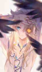 Rule 34 | 1boy, albedo (genshin impact), blonde hair, blue eyes, closed mouth, eyepatch, genshin impact, hair over one eye, holding charm, jewelry, kickylian, long hair, long sleeves, looking at viewer, necklace, open clothes, open shirt, shirt, solo, twitter username, white shirt