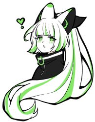 Rule 34 | 1girl, animal ears, black bow, black jacket, bow, cat ears, green eyes, green hair, hair bow, heart, high ponytail, highres, jacket, limbus company, long hair, looking at viewer, multicolored hair, open mouth, original, project moon, saccharhythm, simple background, solo, streaked hair, very long hair, white background