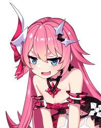 Rule 34 | 1girl, bare shoulders, blue eyes, breasts, character request, child (isoliya), cleavage, commentary request, fang, hair between eyes, hair ornament, hair ribbon, hairclip, honkai (series), honkai impact 3rd, jewelry, leaning forward, looking at viewer, necklace, open mouth, pink hair, pink ribbon, ribbon, rozaliya olenyeva, small breasts, smile, thighhighs, white thighhighs