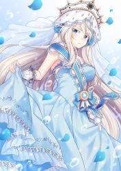Rule 34 | 1girl, blue background, blue bow, blue dress, blue eyes, blush, bow, breasts, crown, dress, food fantasy, gradient background, kitsuneco, long hair, looking at viewer, medium breasts, petals, sidelocks, skirt hold, solo, standing, very long hair, vodka (food fantasy), water drop, white hair
