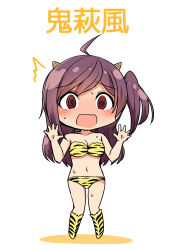 Rule 34 | 1girl, @ @, ^^^, ahoge, animal print, blush, bra, brown eyes, collarbone, cone horns, hagikaze (kancolle), highres, horns, kamelie, kantai collection, long hair, lum, navel, one side up, open mouth, panties, parody, purple hair, simple background, solo, sweat, tiger print, translation request, underwear, urusei yatsura, wavy mouth, white background