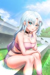 Rule 34 | 1girl, absurdres, bare arms, bare legs, bare shoulders, black choker, blue eyes, blue hair, blue sky, breasts, choker, cleavage, cloud, collarbone, commission, day, feet out of frame, grass, grey shorts, hair between eyes, hair ornament, hairclip, hand up, head rest, highres, large breasts, long hair, looking at viewer, midriff, navel, nomalman, original, parted lips, second-party source, short shorts, shorts, sitting, skindentation, sky, solo, stomach, strapless, thighs, tube top, very long hair