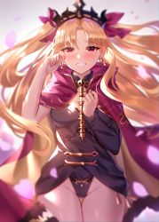 Rule 34 | 1girl, absurdres, asymmetrical sleeves, between breasts, black leotard, blonde hair, blush, bow, breasts, cape, cleavage, detached collar, earrings, ereshkigal (fate), fate/grand order, fate (series), fur-trimmed cape, fur trim, gold trim, hair bow, heiyan shenshi, highres, infinity symbol, jewelry, leotard, long hair, looking at viewer, medium breasts, open mouth, parted bangs, petals, red bow, red cape, red eyes, single sleeve, skull, smile, solo, spine, tears, thighs, tiara, two side up, uneven sleeves