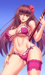 Rule 34 | 1girl, adapted costume, akitsuki karasu, armpits, bikini, bracelet, breasts, cameltoe, cleavage, collarbone, contrapposto, cowboy shot, fate/grand order, fate (series), flower, gae bolg (fate), gluteal fold, groin, hair flower, hair ornament, highres, holding, holding weapon, jewelry, large breasts, long hair, looking at viewer, navel, parted lips, polearm, purple bikini, purple hair, red eyes, scathach (fate), scathach (fate/grand order), scathach (swimsuit assassin) (fate), sidelocks, skindentation, smile, solo, spear, standing, stomach, swimsuit, thigh strap, underboob, very long hair, weapon