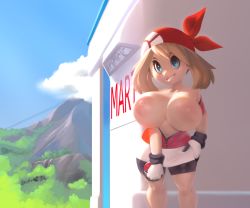 Rule 34 | 1girl, blue background, blue eyes, breasts, breasts out, brown hair, cleavage, creatures (company), flashing, game freak, gloves, highres, huge areolae, huge breasts, long hair, may (pokemon), mystical (plantpenetrator), navel, nintendo, nipples, outdoors, poke ball, pokemon, pokemon rse, smile, solo