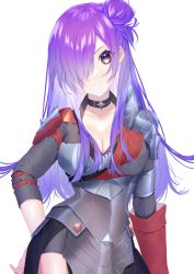 Rule 34 | 1girl, armor, breasts, choker, cleavage, closed mouth, fire emblem, fire emblem: three houses, fire emblem warriors, fire emblem warriors: three hopes, hair bun, hair over one eye, highres, kita 282, long hair, looking at viewer, medium breasts, nintendo, purple eyes, purple hair, shez (female) (fire emblem), shez (fire emblem), shoulder armor, single hair bun, thighs, upper body