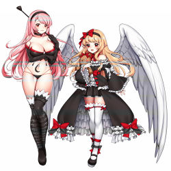 Rule 34 | 2girls, angel wings, bare shoulders, blonde hair, boots, bow, breasts, cleavage, fangs, hairband, highres, large breasts, long hair, looking at viewer, multiple girls, navel, open mouth, original, parted lips, pink hair, pointy ears, red bow, red eyes, rewolf, simple background, thigh boots, thighhighs, white background, white bow, white legwear, wings