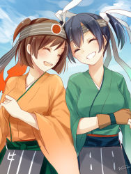 Rule 34 | 10s, 2girls, :d, bad id, bad pixiv id, blush, breasts, brown gloves, brown hair, closed eyes, cloud, cloudy sky, day, facing viewer, gloves, grin, hachimaki, hair ribbon, hairband, headband, hiryuu (kancolle), japanese clothes, kantai collection, medium breasts, multiple girls, nunucco, one side up, open mouth, outdoors, partially fingerless gloves, partly fingerless gloves, remodel (kantai collection), ribbon, short hair, signature, sky, smile, souryuu (kancolle), twintails, white ribbon, wide sleeves, yugake