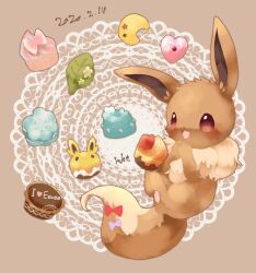 absurdres blush cake cookie creatures_(company) cupcake dated eevee food game_freak gen_1_pokemon happy highres macaron mkt_(buizu-miki) nintendo no_humans open_mouth pokemon pokemon_(creature) ribbon smile tail tail_ornament tail_ribbon