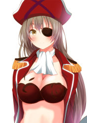 Rule 34 | 10s, 1girl, amagi brilliant park, ascot, attsun (atsushi jb), bad id, bad pixiv id, blush, breasts, brown eyes, brown hair, cleavage, epaulettes, eyepatch, hat, large breasts, long hair, looking at viewer, open clothes, pirate costume, pirate hat, sento isuzu, solo, white background