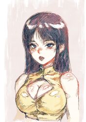Rule 34 | 1girl, blue eyes, blue hair, breasts, cleavage, cleavage cutout, clothing cutout, crop top, dirty pair, expressionless, fujii eishun, long hair, looking ahead, medium breasts, parted bangs, parted lips, portrait, sketch, sleeveless, solo, yuri (dirty pair)