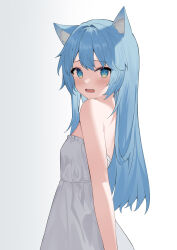 Rule 34 | 1girl, absurdres, animal ear fluff, animal ears, bare shoulders, blue eyes, blue hair, blush, cat ears, commentary request, dress, frilled dress, frills, from side, gradient background, highres, long hair, looking at viewer, looking to the side, nagisa (cxcx5235), open mouth, original, solo, very long hair, white background, white dress
