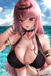 Rule 34 | 1girl, armlet, bare shoulders, bikini, black bikini, black choker, blush, bracelet, breasts, choker, chu-e, cleavage, cloud, day, highres, hololive, hololive english, jewelry, large breasts, long hair, looking at viewer, mori calliope, o-ring, o-ring bikini, ocean, open mouth, outdoors, pink hair, red eyes, solo, swimsuit, tiara, upper body, virtual youtuber, wet