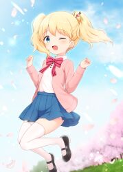 Rule 34 | 1girl, ;d, absurdres, alice cartelet, black footwear, blazer, blonde hair, blue eyes, blue skirt, blue sky, blurry, blurry background, bow, bowtie, cherry blossoms, collared shirt, commentary request, falling petals, glint, hair ornament, highres, jacket, kin-iro mosaic, kin-iro mosaic high school uniform, lone nape hair, looking at viewer, mary janes, miniskirt, one eye closed, open mouth, petals, pink jacket, pink petals, pleated skirt, red bow, red bowtie, revision, school uniform, shirt, shoes, skirt, sky, smile, solo, striped bow, striped bowtie, striped clothes, thighhighs, twintails, white shirt, white thighhighs, yutuki ame
