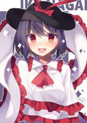 Rule 34 | 1girl, :d, ascot, black hat, bow, capelet, character name, chisiro unya (unya draw), hat, hat bow, looking at viewer, nagae iku, open mouth, purple hair, red ascot, red bow, red eyes, shawl, short hair, signature, smile, solo, star (symbol), teeth, touhou, upper body, upper teeth only, white capelet