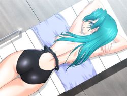 Rule 34 | 1girl, amakara twins, aqua hair, ass, back, blue eyes, breast press, breasts, from above, game cg, green hair, large breasts, long hair, looking back, lying, mitarashi kousei, on stomach, one-piece swimsuit, sakuragi natsumi, smile, solo, swimsuit, thigh gap, thighs, topless, towel