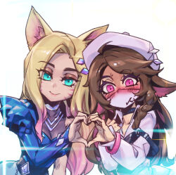 Rule 34 | 2girls, ahri (league of legends), animal ears, black choker, blonde hair, blue dress, blush, braid, breasts, brown hair, choker, commentary, dress, fox ears, fox girl, heart, heart hands, heart hands duo, k/da (league of legends), k/da all out ahri, k/da lillia, large breasts, league of legends, lillia (league of legends), long hair, long sleeves, mask, mouth mask, multiple girls, phantom ix row, pink eyes, pink headwear, shiny skin, simple background, symbol-only commentary, teamfight tactics, twin braids, upper body, white background