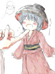 Rule 34 | 1girl, bad id, bad pixiv id, blue hair, blush, bowl, closed eyes, hand on another&#039;s chin, happy, hat, japanese clothes, kimono, looking up, mini person, minigirl, mojikakiya, obi, open mouth, pov, pov hands, rice bowl, sash, simple background, sketch, sleeves past wrists, smile, solo focus, stroking another&#039;s chin, sukuna shinmyoumaru, thought bubble, touhou, white background