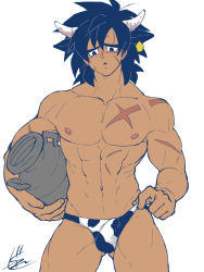 Rule 34 | 1boy, abs, animal ears, animal print, bara, black eyes, black hair, briefs, broly (dragon ball super), bulge, chinese zodiac, cow boy, cow ears, cow horns, cow print, cowboy shot, dark-skinned male, dark skin, dragon ball, dragon ball super, gureshi db, highres, horns, kemonomimi mode, large pectorals, male focus, male underwear, male underwear pull, medium hair, muscular, muscular male, navel, nipples, pectorals, print male underwear, pulling own clothes, solo, spiked hair, stomach, thick eyebrows, thick thighs, thighs, topless male, underwear, underwear only, year of the ox