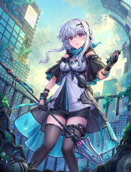 Rule 34 | 1girl, absurdres, bad id, bad pixiv id, black gloves, black shorts, breasts, brown thighhighs, building, glint, gloves, green sky, hair ornament, headphones, highres, holding, holding polearm, holding spear, holding weapon, long hair, looking at viewer, medium breasts, original, parted lips, pink eyes, polearm, ruins, shichigatsu, short shorts, short sleeves, shorts, skyscraper, solo, spear, standing, thighhighs, waistcoat, walkie-talkie, weapon, white hair, wide sleeves, x hair ornament