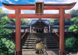 Rule 34 | 2girls, absurdres, an skill, architecture, black hair, black headwear, black skirt, blonde hair, blue sky, bow, broom, cloud, commentary request, day, detached sleeves, east asian architecture, facing away, from behind, hair bow, hair tubes, hakurei reimu, hakurei shrine, handrail, hat, highres, holding, holding broom, kirisame marisa, long hair, multiple girls, outdoors, petticoat, red skirt, red vest, ribbon-trimmed sleeves, ribbon trim, rope, scenery, shide, shimenawa, shrine, skirt, sky, stairs, standing, stone lantern, stone stairs, stone walkway, tile roof, torii, touhou, very long hair, vest, wide shot, witch hat, wrist cuffs