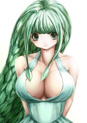 Rule 34 | 1girl, breasts, cleavage, dress, duel monster, goddess of whim, green dress, green eyes, green hair, highres, large breasts, leaf, long hair, looking at viewer, plant hair, simple background, white background, yu-gi-oh!, yuu-gi-ou, yu-gi-oh! duel monsters