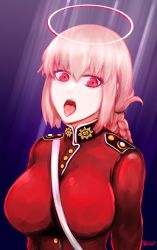Rule 34 | 1girl, absurdres, braid, breasts, fate/grand order, fate (series), florence nightingale (fate), gloves, halo, highres, large breasts, long hair, looking at viewer, military, military uniform, nickfluff, open mouth, pink hair, red eyes, simple background, solo, strap, teeth, tongue, tongue out, uniform