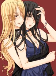 Rule 34 | 2girls, bad id, bad pixiv id, black dress, black gloves, black hair, blonde hair, blue dress, blue eyes, blush, bracelet, brown background, choker, collarbone, dress, elbow gloves, evening gown, formal, gloves, grabbing, grabbing another&#039;s breast, grabbing from behind, hair over one eye, hand on own head, jewelry, lace, licking lips, long hair, multiple girls, open mouth, original, simple background, sleeveless, sleeveless dress, tongue, tongue out, willowonion, yellow eyes, yuri