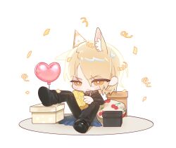 Rule 34 | 1boy, :&lt;, animal ear fluff, animal ears, arknights, balloon, birthday, black footwear, black pants, box, bright pupils, chibi, closed mouth, collared shirt, commentary request, confetti, full body, gift, gift box, heart balloon, highres, holding, holding gift, horse boy, horse ears, jitome, korean commentary, long hair, looking at viewer, male focus, mamara tang, mlynar (arknights), orange eyes, pants, shirt, simple background, sitting, solo, white background, white pupils