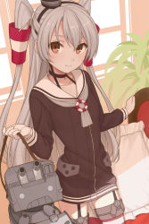 Rule 34 | 10s, 1girl, amatsukaze (kancolle), belt, brown dress, brown eyes, buttons, choker, dress, garter straps, gloves, hair between eyes, hair tubes, kantai collection, long hair, looking at viewer, nananichi, o o, pillow, plant, red thighhighs, rensouhou-kun, sailor collar, sailor dress, see-through, short dress, silver hair, single glove, smile, solid circle eyes, solo, striped clothes, striped thighhighs, suspenders, thighhighs, two side up, white gloves, window