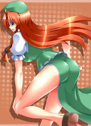 Rule 34 | 1girl, ass, blue eyes, china dress, chinese clothes, dress, embodiment of scarlet devil, female focus, hand on own hip, hong meiling, long hair, ment, no panties, red hair, solo, thighs, touhou