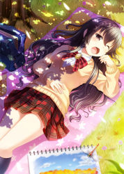 Rule 34 | 1girl, ;o, bag, black hair, blanket, blush, brown eyes, bug, dappled sunlight, dragonfly, grass, hand on own stomach, insect, kneehighs, long hair, looking at viewer, lying, noe noel, on back, one eye closed, open mouth, original, pillow, plaid, plaid skirt, school bag, school uniform, shade, sketchbook, skirt, socks, solo, sunlight, sweater, wavy mouth, wink, yawning