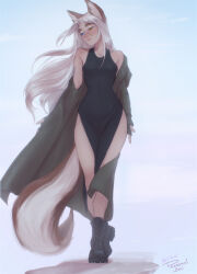Rule 34 | 1girl, animal ear fluff, animal ears, artist name, bare shoulders, black dress, black footwear, blush, boots, commentary, dress, english commentary, fingerless gloves, fox ears, fox girl, freckles, full body, gloves, highres, long hair, looking away, looking to the side, losse (personal ami), off shoulder, original, personal ami, side slit, solo, standing, thick eyebrows, white hair