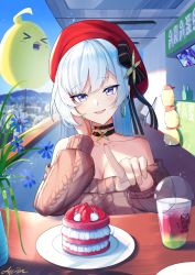 Rule 34 | 1girl, :d, absurdres, aquilar, aran sweater, azur lane, bare shoulders, belfast (azur lane), belfast (shopping with the head maid) (azur lane), beret, black bow, black choker, blue eyes, blue sky, bow, breasts, brown sweater, cable knit, cake, choker, cleavage, commentary, cup, disposable cup, earrings, food, fruit, hand up, hat, hat bow, highres, hoop earrings, index finger raised, jewelry, large breasts, long hair, long sleeves, looking at viewer, manjuu (azur lane), off-shoulder sweater, off shoulder, official alternate costume, open mouth, outdoors, red hat, sky, smile, solo, strawberry, sweater, upper body, white hair