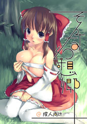 Rule 34 | 1girl, breasts squeezed together, breasts, cleavage, female focus, hakurei reimu, huge breasts, large breasts, mikage sekizai, sarashi, solo, thighhighs, touhou