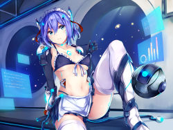 Rule 34 | 1girl, apron, ass, bikini, black bikini, black skirt, blue eyes, boots, breasts, breasts apart, cable, cable tail, closed mouth, collarbone, drone, frills, front-tie bikini top, front-tie top, hair between eyes, hair ornament, hand up, headgear, holographic interface, irohara, knee up, looking at viewer, maid, maid apron, maid bikini, maid headdress, mecha musume, mechanical arms, mechanical tail, medium breasts, miniskirt, navel, original, purple hair, short hair, sitting, skirt, solo, strap pull, swimsuit, tail, thighhighs, unconventional maid, waist apron, white footwear, white thighhighs, zettai ryouiki