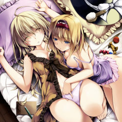 Rule 34 | 2girls, ahoge, alice margatroid, babydoll, bare arms, bare legs, bare shoulders, barefoot, bed, black bow, black hat, blonde hair, blue eyes, blush, bottomless, bow, braid, breasts, cameltoe, candy, chemise, cleavage, closed eyes, collarbone, downblouse, eyebrows, food, frilled pillow, frills, hair between eyes, hair brush, hairband, hand in panties, hat, hat ribbon, kai yuuki, kirisame marisa, knee up, lace trim, lolita hairband, long hair, looking at another, lying, medium breasts, multiple girls, notebook, on back, on bed, panties, parted lips, pencil, pillow, purple panties, ribbon, single braid, skindentation, sleeping, stomach, strap slip, striped, touhou, underwear, unworn hat, unworn headwear, white bow, white ribbon, witch hat, wooden floor, yuri