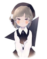 Rule 34 | 1girl, beret, black hat, black ribbon, black skirt, blush, brown eyes, brown hair, character name, closed mouth, collared shirt, commentary request, flower, hair flower, hair ornament, hat, hatoba tsugu, kouhara yuyu, looking at viewer, mole, mole under eye, ribbon, rose, shirt, skirt, smile, solo, suspender skirt, suspenders, v arms, virtual youtuber, white background, white flower, white rose, white shirt