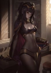 Rule 34 | 1girl, artist name, black eyes, black gloves, black hair, bodysuit, book, book stack, bracelet, breasts, bridal gauntlets, cape, circlet, cleavage, closed mouth, commentary, covered navel, english commentary, female focus, fire emblem, fire emblem awakening, fire emblem heroes, gloves, highres, indoors, jewelry, looking at viewer, matching hair/eyes, medium breasts, nintendo, pelvic curtain, pen, quill, raikoart, skin tight, smile, solo, stool, table, tharja (fire emblem), tiara, two side up, window