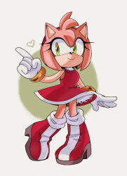 Rule 34 | 1girl, absurdres, ame (beeames), amy rose, boots, bracelet, closed mouth, commentary, dress, english commentary, eyelashes, furry, furry female, gloves, gold bracelet, green background, green eyes, hairband, hand up, heart, hedgehog girl, high heel boots, high heels, highres, index finger raised, jewelry, looking at viewer, red dress, red footwear, red hairband, short dress, simple background, sleeveless, sleeveless dress, smile, solo, sonic (series), standing, two-tone background, white background, white gloves