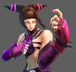 Rule 34 | 1girl, black hair, breasts, capcom, crop top, detached sleeves, drill hair, dudou, elbow gloves, fighting stance, gloves, halterneck, halterneck, han juri, ikeno daigo, lowres, midriff, nail polish, official art, pink eyes, pink nails, portrait, sideboob, smile, solo, street fighter, street fighter iv (series), twin drills