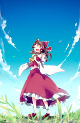 Rule 34 | 1girl, aoi kujira, bare shoulders, blurry, bow, brown hair, cloud, cookie (touhou), cup, day, depth of field, detached sleeves, closed eyes, from below, full body, grass, hair bow, hair tubes, hakurei reimu, loafers, mug, navel, open mouth, reu (cookie), shoes, sky, smile, socks, solo, touhou, wide sleeves, yunomi