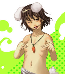Rule 34 | 1girl, :p, ;p, animal ears, brown eyes, brown hair, female focus, gozaemon, gyoza emon, inaba tewi, jewelry, necklace, one eye closed, rabbit ears, rabbit girl, rabbit tail, short hair, solo, tail, tongue, tongue out, topless, touhou, wink