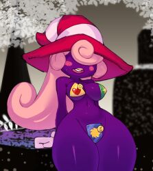Rule 34 | blush stickers, breasts, covered erect nipples, cragscleft, forest, ghost, gloves, hair over eyes, hat, highres, large breasts, long hair, maebari, mario (series), nature, navel, nintendo, open mouth, outdoors, paper mario, paper mario: the thousand year door, pasties, pink hair, smile, striped hat, sweatdrop, vivian (paper mario), wide hips, yellow lips
