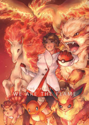 Rule 34 | 10s, 1girl, arcanine, black pantyhose, brown hair, candela (pokemon), charmander, clenched hand, creatures (company), dark skin, english text, fire, flame-tipped tail, flareon, game freak, gen 1 pokemon, gloves, holding, holding poke ball, legendary pokemon, moltres, nintendo, open mouth, pantyhose, payoki, poke ball, poke ball (basic), pokemon, pokemon (creature), pokemon go, rapidash, red theme, short hair, vulpix