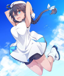 Rule 34 | 1girl, :d, armpits, arms up, bare shoulders, beret, bike shorts, black hair, black shorts, blue bow, blue eyes, blue sky, blush, boots, bow, braid, breasts, cloud, collared dress, dark-skinned female, dark skin, day, dress, gloves, hair between eyes, hair bow, hat, konnyaku (kk-monmon), long hair, looking at viewer, low ponytail, medium breasts, open mouth, original, outdoors, pleated dress, ponytail, short shorts, shorts, single braid, sky, sleeveless, sleeveless dress, smile, solo, very long hair, white dress, white footwear, white gloves, white hat