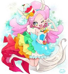 Rule 34 | 10s, 1girl, ;d, blue hairband, blue skirt, boots, cure parfait, earrings, food-themed hair ornament, full body, gloves, green eyes, hair ornament, hairband, horse girl, jewelry, kirahoshi ciel, kirakira precure a la mode, knee boots, long hair, magical girl, one eye closed, open mouth, pink hair, precure, rainbow order, skirt, smile, solo, star (symbol), tail, v, white footwear, white gloves, yoshishi (yosisitoho)