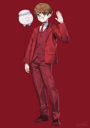 Rule 34 | 1boy, absurdres, balloon, blazer, brown eyes, brown hair, collared shirt, formal, full body, glasses, hand up, highres, holding, holding balloon, jacket, jasper7se, legs, looking at viewer, neck tattoo, necktie, nemoto yuuma, open clothes, open jacket, pants, real life, red background, red footwear, red jacket, red necktie, red vest, round eyewear, shirt, shoes, short hair, signature, simple background, smile, solo, standing, suit, swept bangs, tattoo, vest